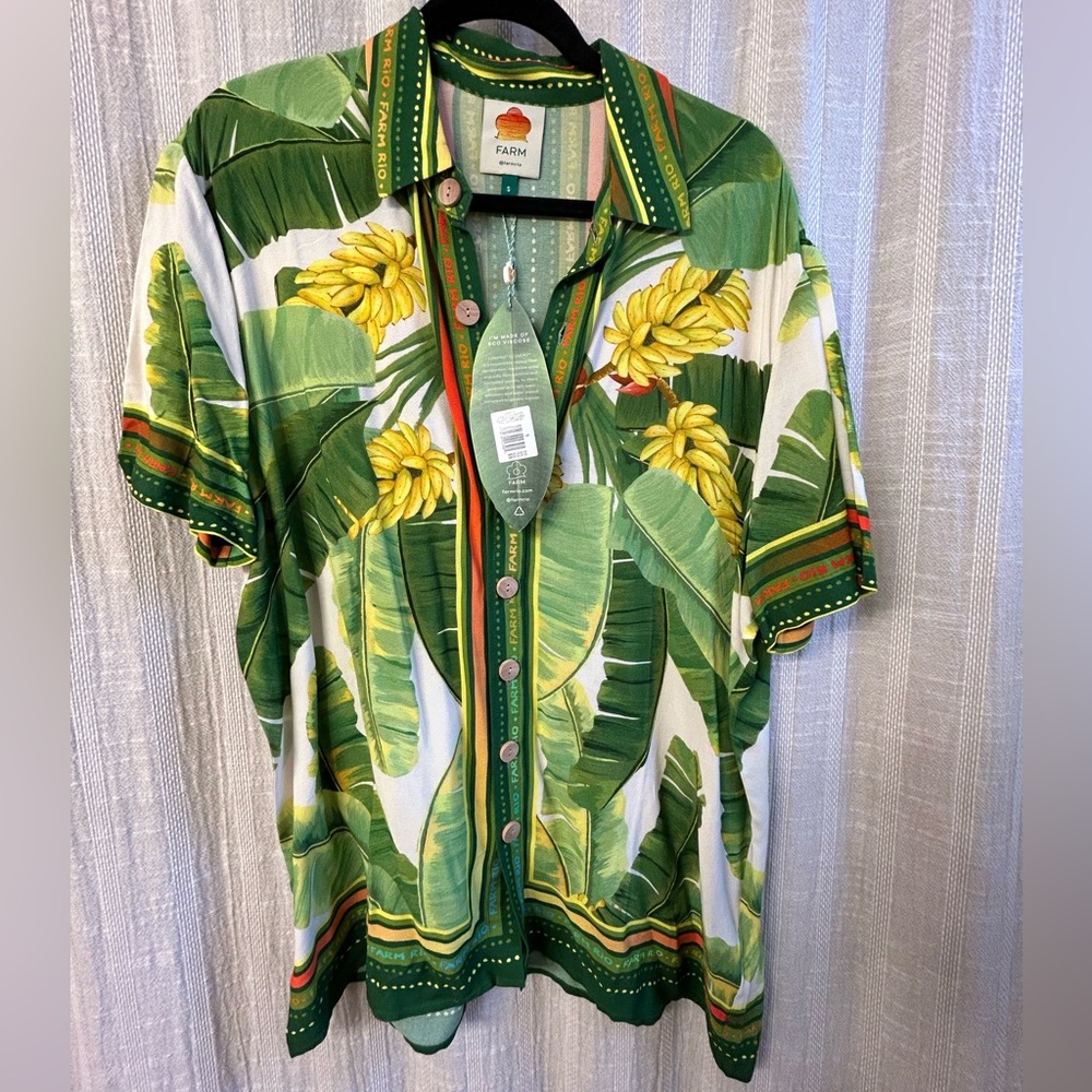 NWT FARM Rio Fresh Forest Scarf Shirt, Unisex, Size Small, Green/White